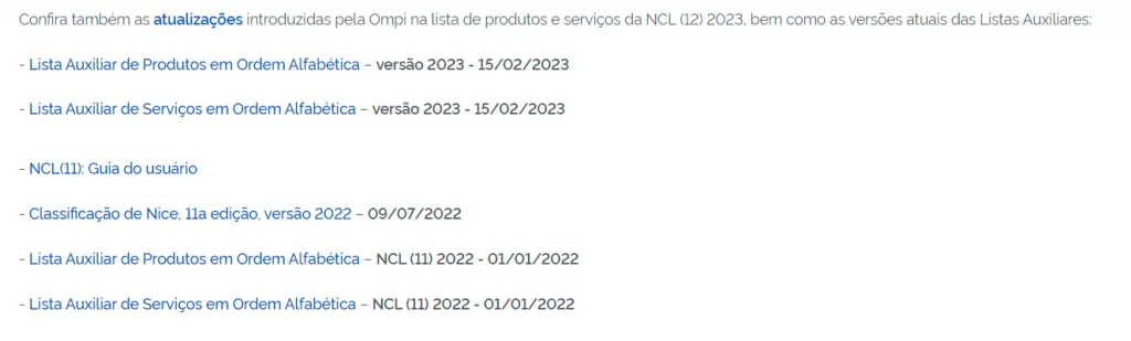 Print da tela do INPI que mostra as classes de marcas