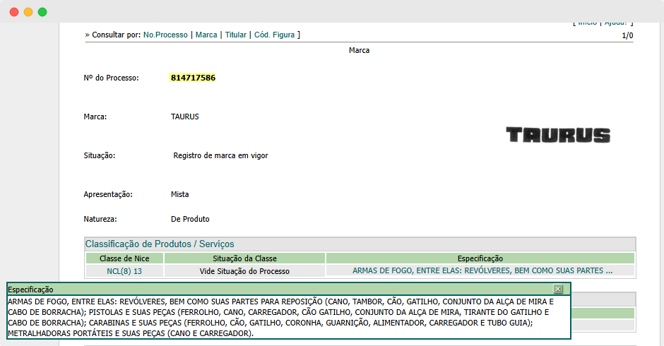 Classe 13 - Captura de tela do registro da marca Taurus
