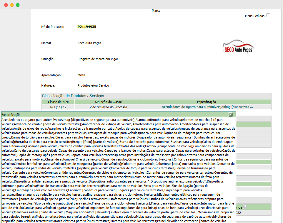 Print de um processo no INPI com registro de marca em vigor na Classe 12.